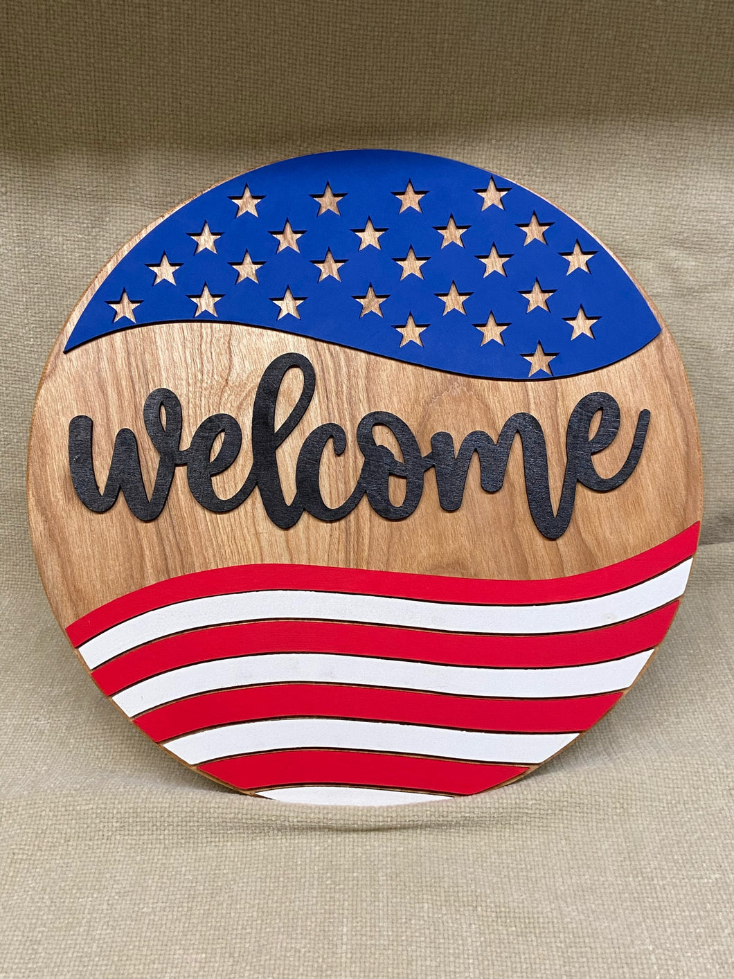 Welcome Patriotic / American Flag Wood Round