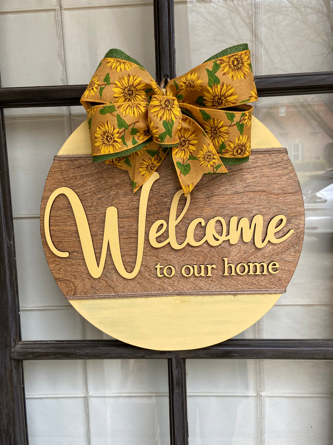 Welcome To Our Home Spring Yellow Wood Round