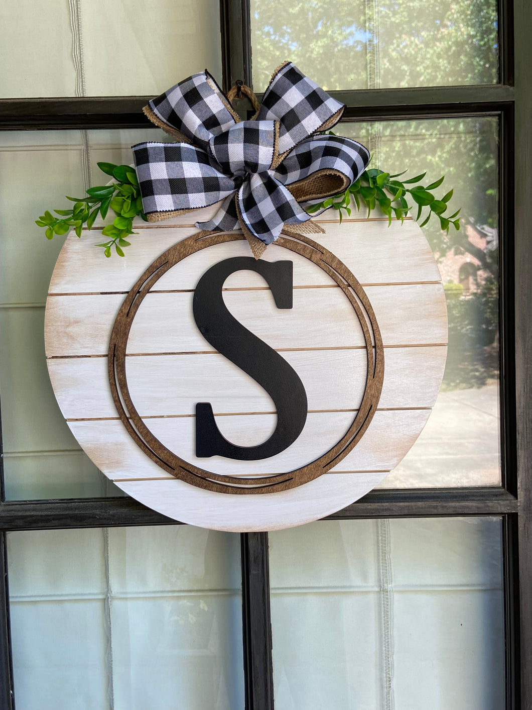 Personalized Distressed Shiplap Farmhouse Wood Round with Family Initial