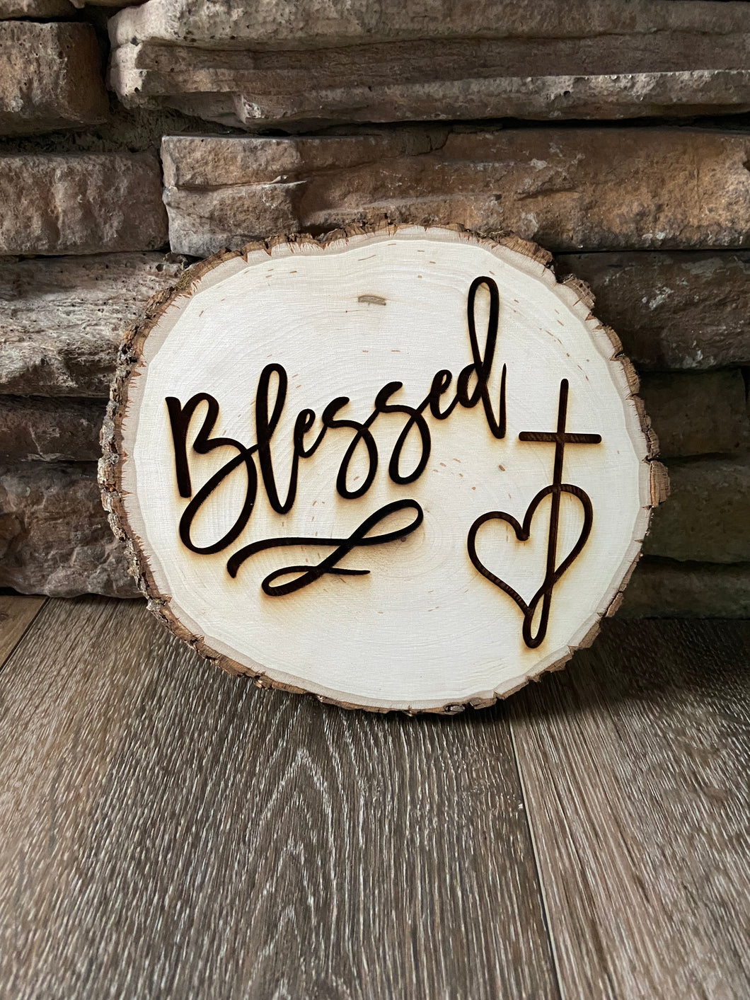 Blessed Engraved Wood Oval with Bark